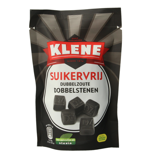 Klene Dubbelzout sugar-free candy in a 110g bag, featuring colorful double salt licorice candies on a white background.