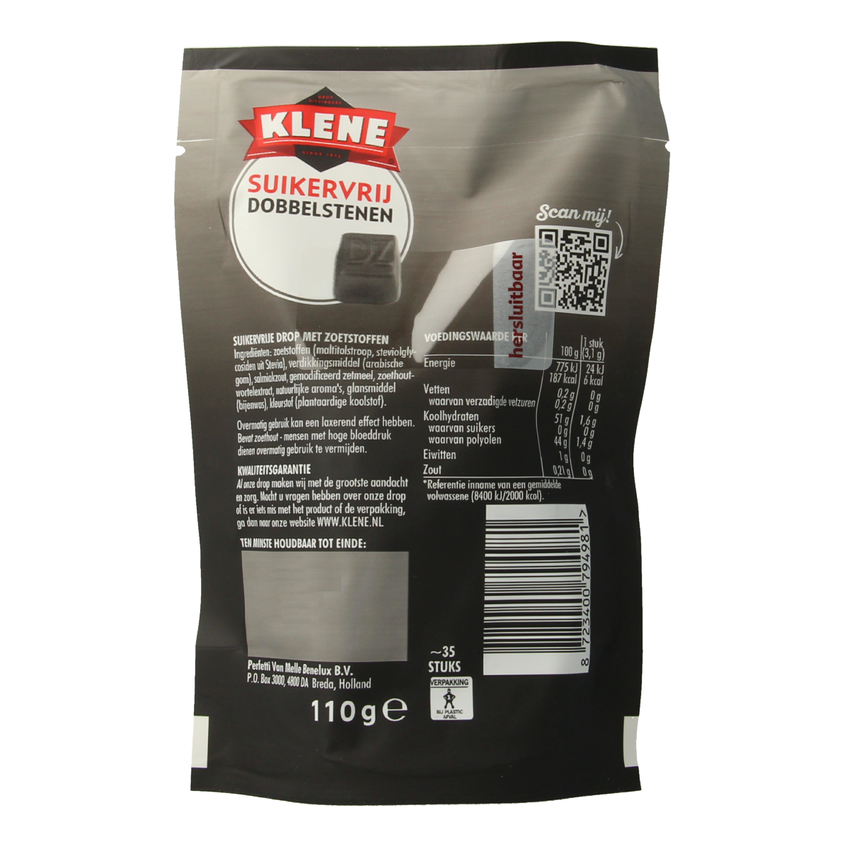 Klene Dubbelzout sugar-free candy bag with colorful double dice-shaped sweets, 110 grams.