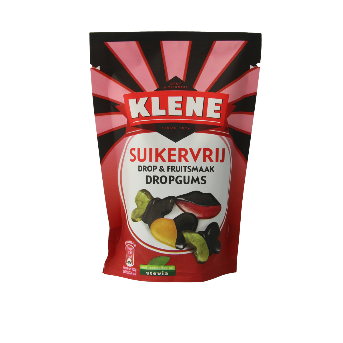 Klene Dropgums sugar-free candy in a 110g bag, colorful fruity gummy sweets with vibrant packaging.