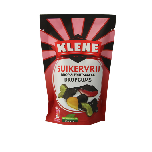 Klene Dropgums sugar-free candy in a 110g bag, colorful fruity gummy sweets with vibrant packaging.