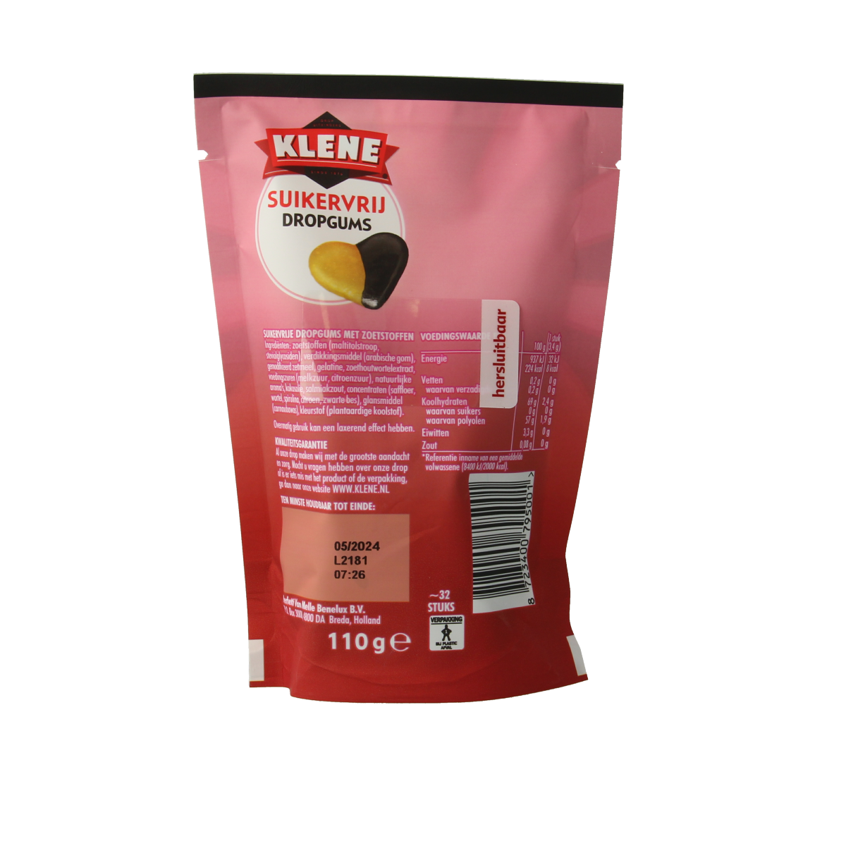 Klene Dropgums suikervrij in 110g package, colorful sugar-free candy gummies with fruity flavors, on a white background.