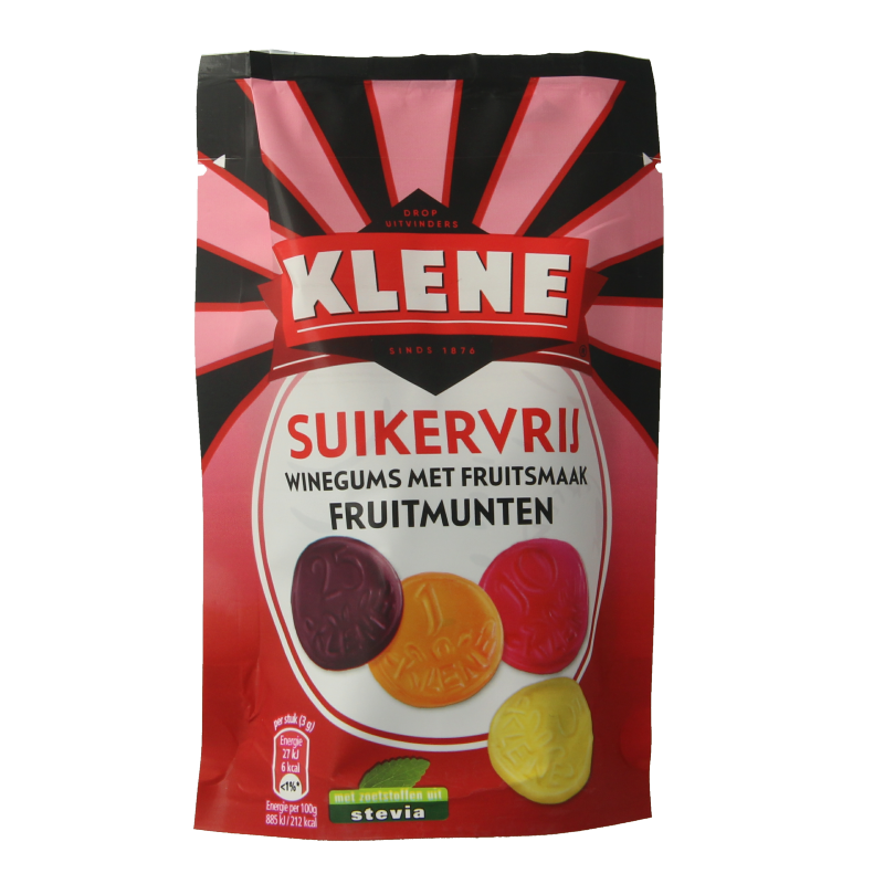 Klene Fruitmunten suikervrij, 110 gram, colorful sugar-free fruit candies in a clear bag, showing vibrant fruit-shaped sweets.