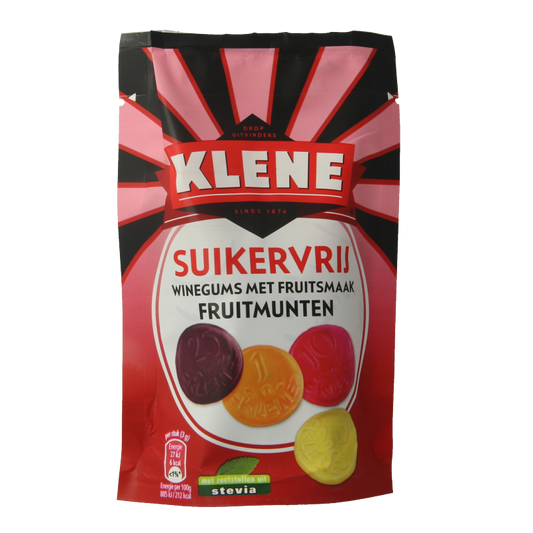Klene Fruitmunten suikervrij, 110 gram, colorful sugar-free fruit candies in a clear bag, showing vibrant fruit-shaped sweets.