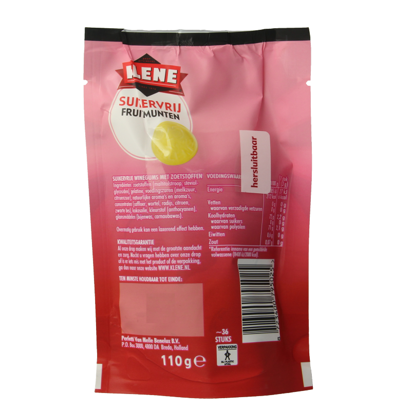 Klene Fruitmunten suikervrij, 110 gram snoepgoed with colorful fruit-shaped candies in a clear bag.