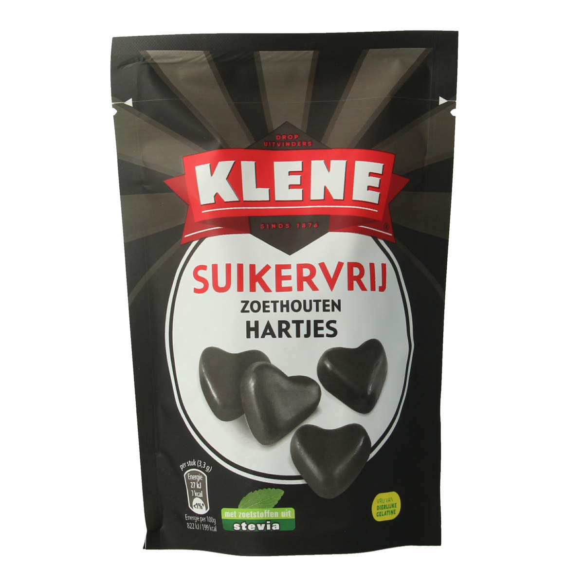 Klene Zoethouten hartjes suikervrij snoepgoed in 110g package, featuring heart-shaped licorice candies with natural flavor.