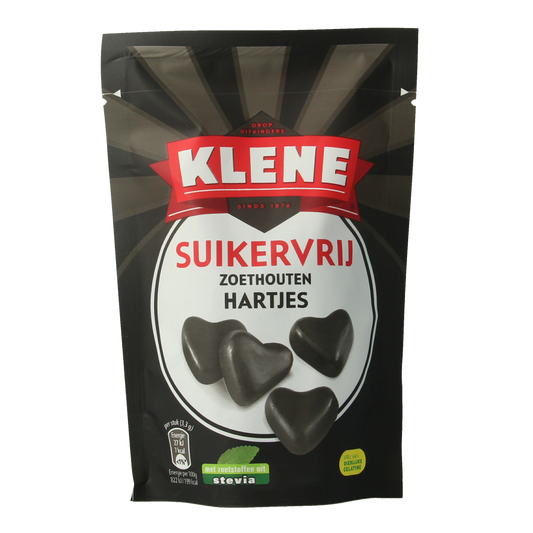 Klene Zoethouten hartjes suikervrij snoepgoed in 110g package, featuring heart-shaped licorice candies with natural flavor.