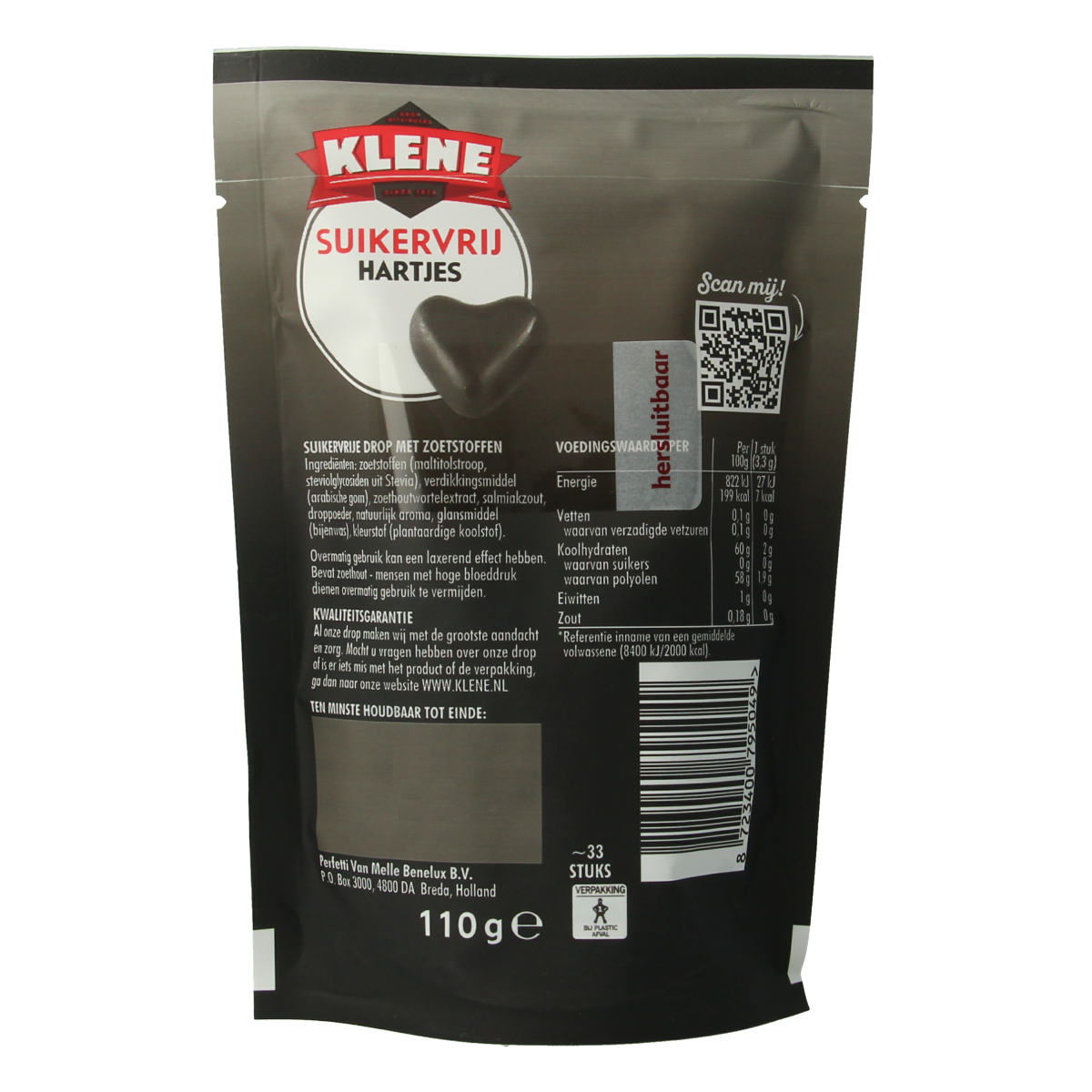 Klene Zoethouten hartjes suikervrij snoepgoed in 110g package, showing heart-shaped licorice candies on the front.