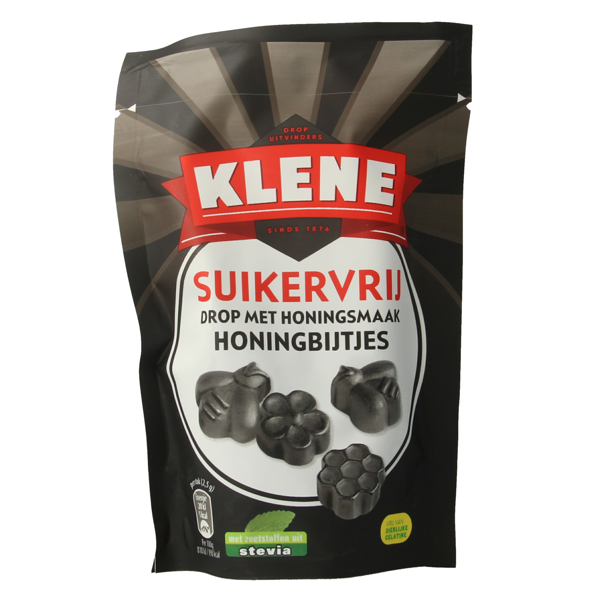 Klene Honingbijtjes suikervrij, 110g, colorful sugar-free candy gummies in bright packaging.