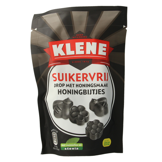 Klene Honingbijtjes suikervrij, 110g, colorful sugar-free candy gummies in bright packaging.
