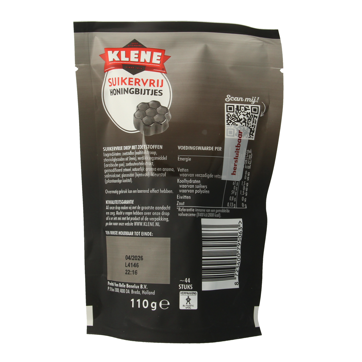 Klene Honingbijtjes suikervrij, 110g, sugar-free candy pieces with honey flavor in colorful packaging.