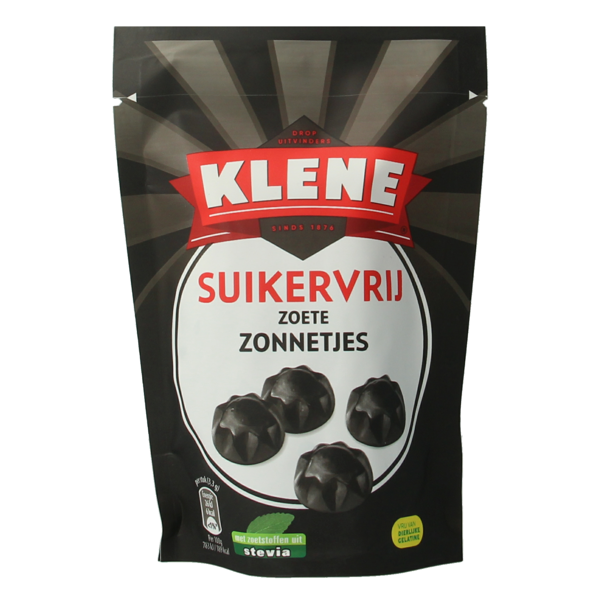 Klene Zoete Zonnetjes suikervrij candy in 110g package, colorful sugar-free sweet treats with sun-shaped design.