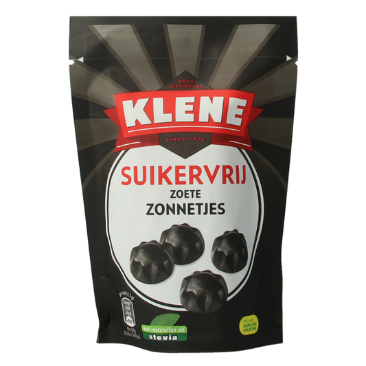 Klene Zoete Zonnetjes suikervrij candy in 110g package, colorful sugar-free sweet treats with sun-shaped design.