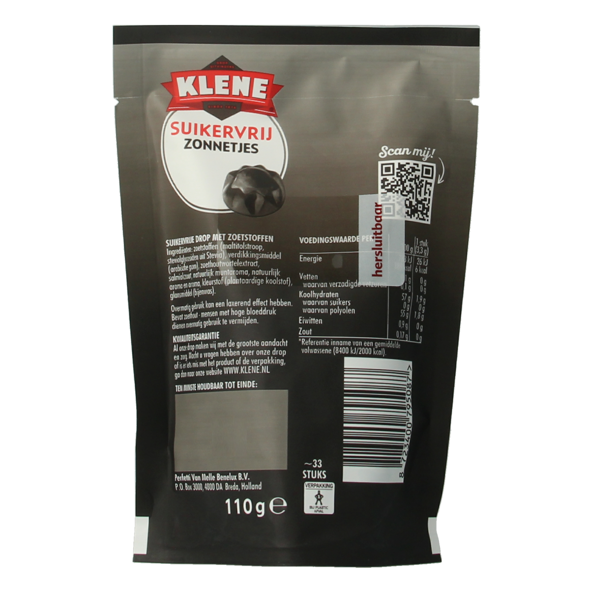 Klene Zoete zonnetjes sugar-free candy in a 110g bag, featuring bright yellow sun-shaped sweets with colorful details.