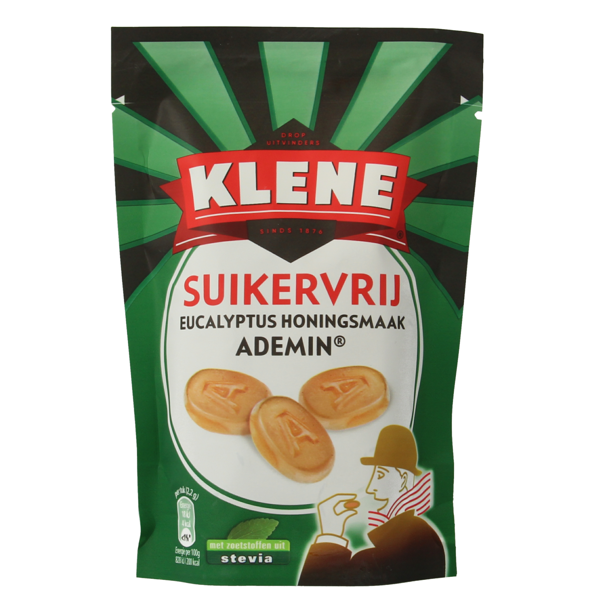 Klene Ademin sugar-free candy in 110g package, colorful soft sweets with fruit flavors, shown in an open bag.