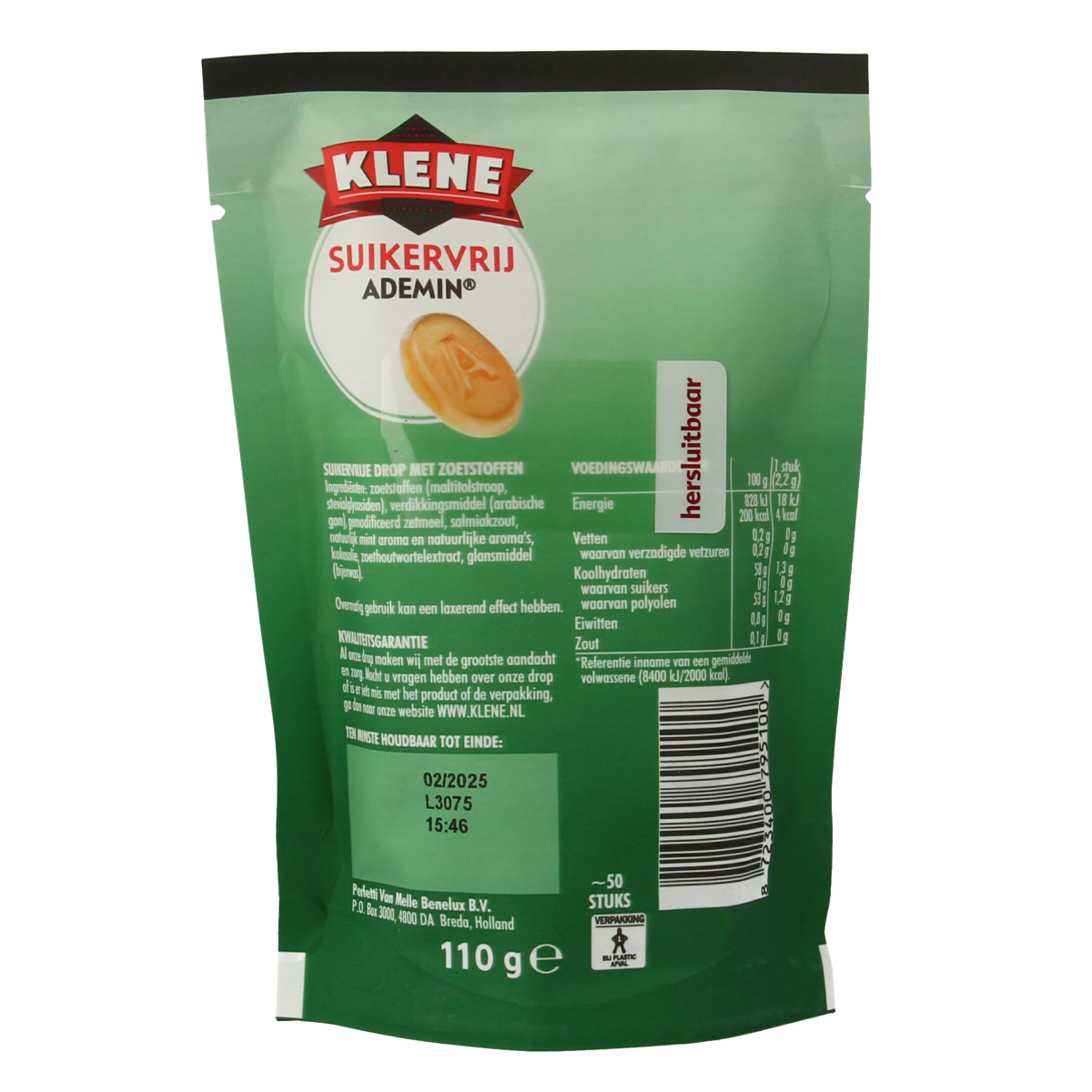 Klene Ademin sugar-free candy packaging, 110 grams of assorted chewy snoepgoed with colorful branding and clear product labeling.