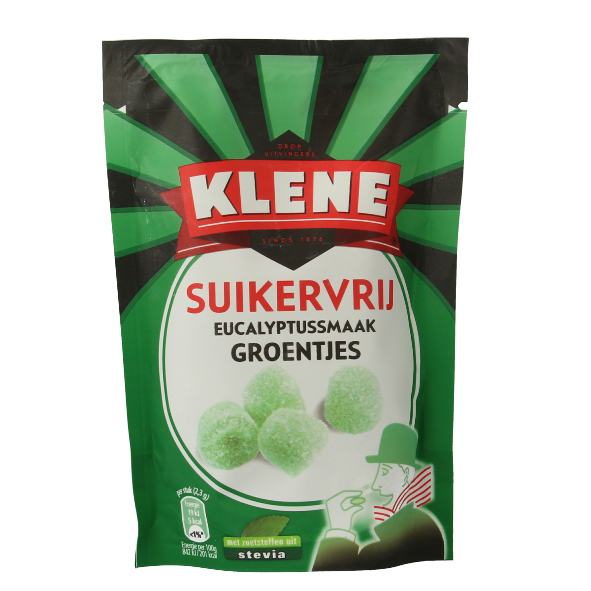Klene Groentjes suikervrij snoepgoed in 90g package, colorful gummy candies shaped like vegetables with vibrant appearance.