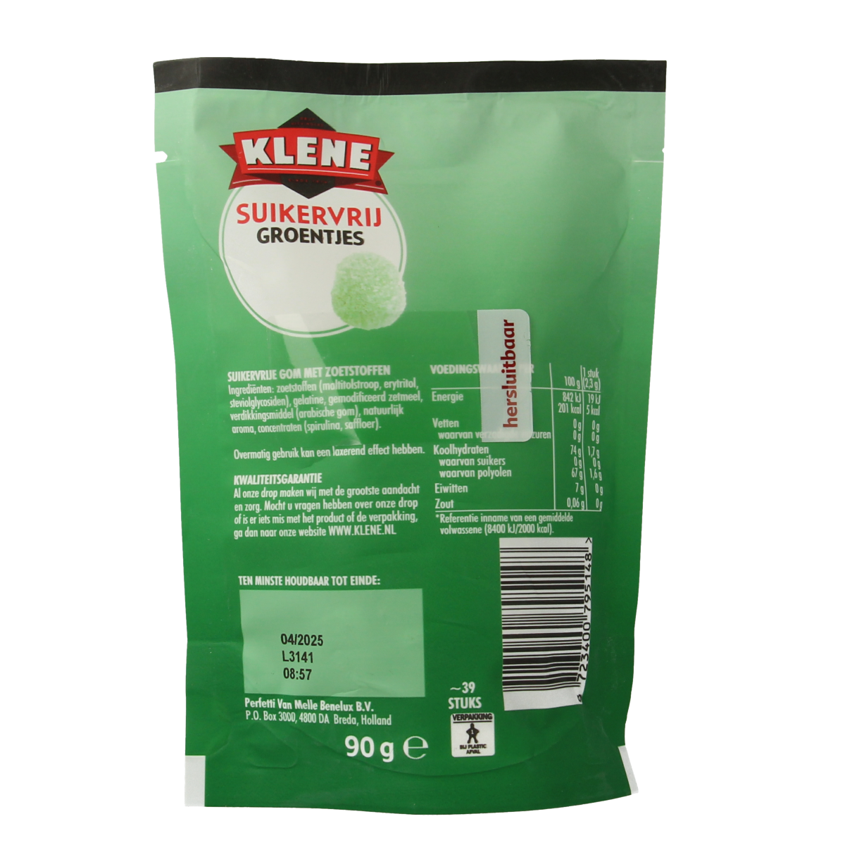 Klene Groentjes suikervrij snoepgoed in een 90 gram verpakking, kleurrijke suikervrije snoepjes gevuld met groente-ingrediënten.
