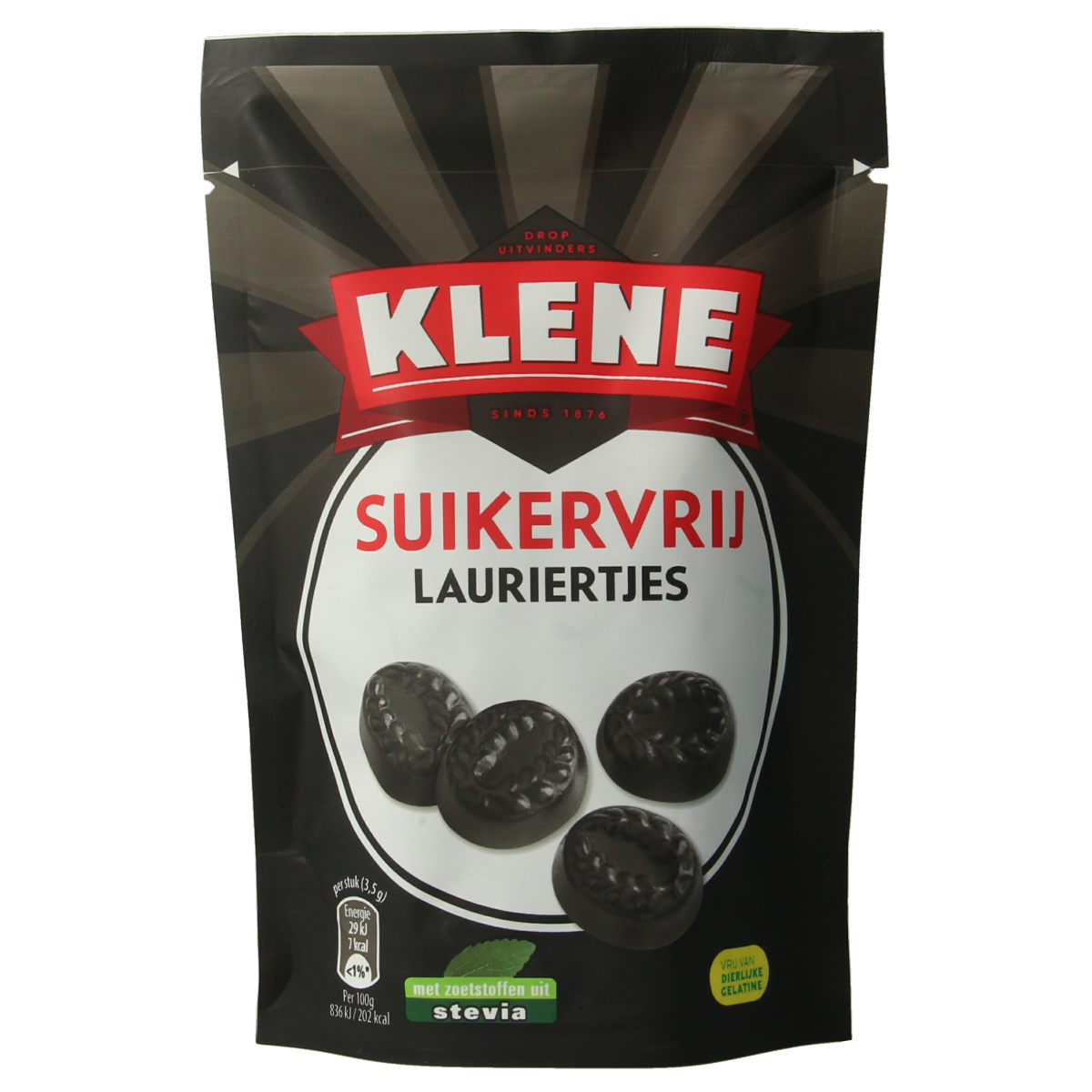 Klene Lauriertjes suikervrij candy in 110g package, colorful sugar-free chewy sweets for snacking.