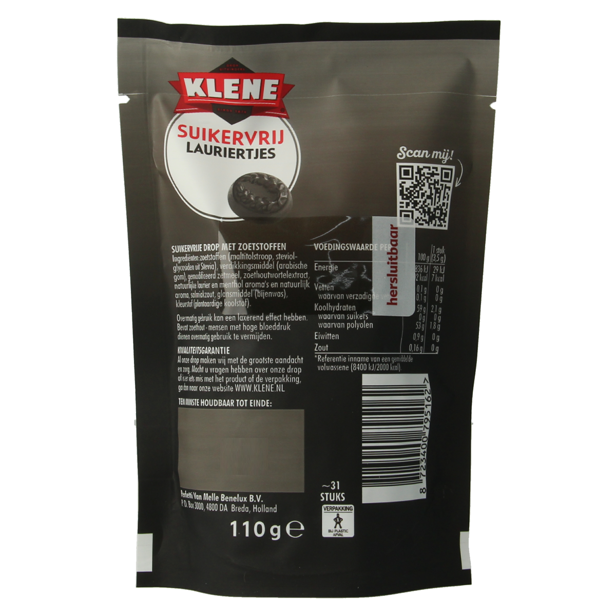 Klene Lauriertjes suikervrij candy in a 110g package, colorful sugar-free sweets for snacking.