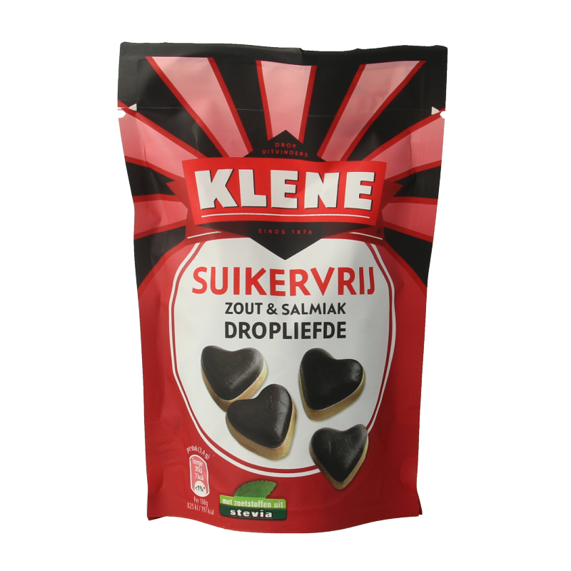 Klene Dropliefde suikervrij snoepgoed in 90g package, colorful sugar-free candies with a sweet, fruity appearance.