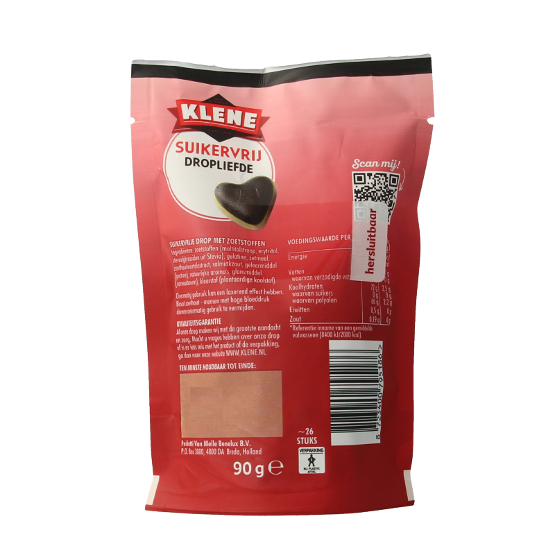 Klene Dropliefde sugar-free candy in a 90 gram package, colorful and sweet snoepgoed with fruity flavors.