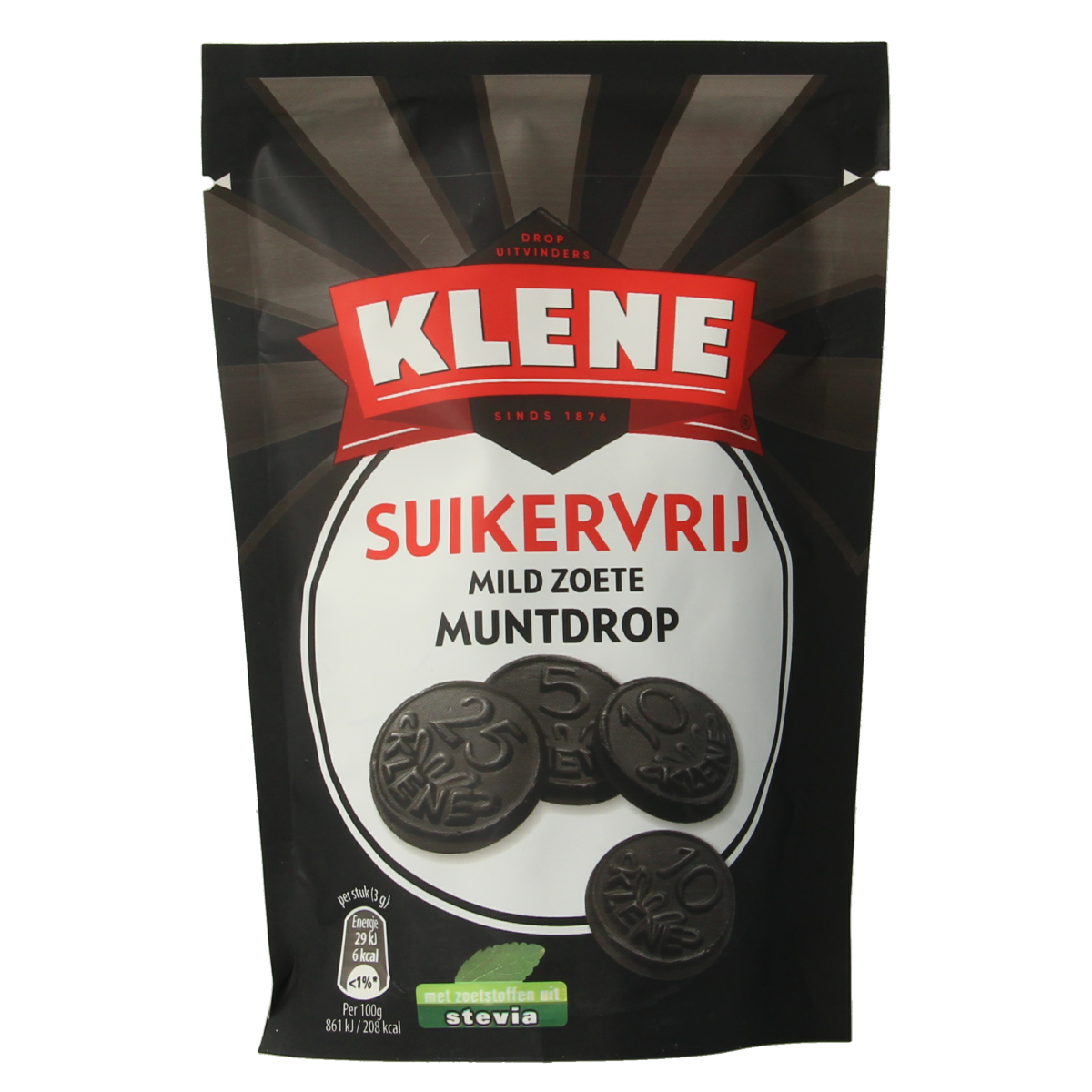 Klene Muntdrop suikervrij, 100g, sugar-free candy with green and red mint drops in clear packaging.