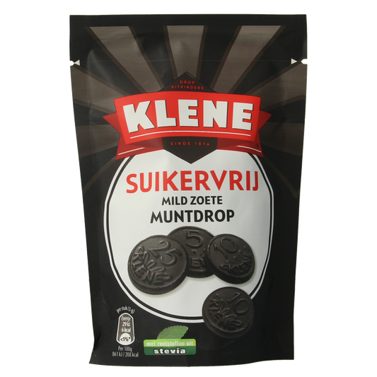 Klene Muntdrop suikervrij, 100g, sugar-free candy with green and red mint drops in clear packaging.