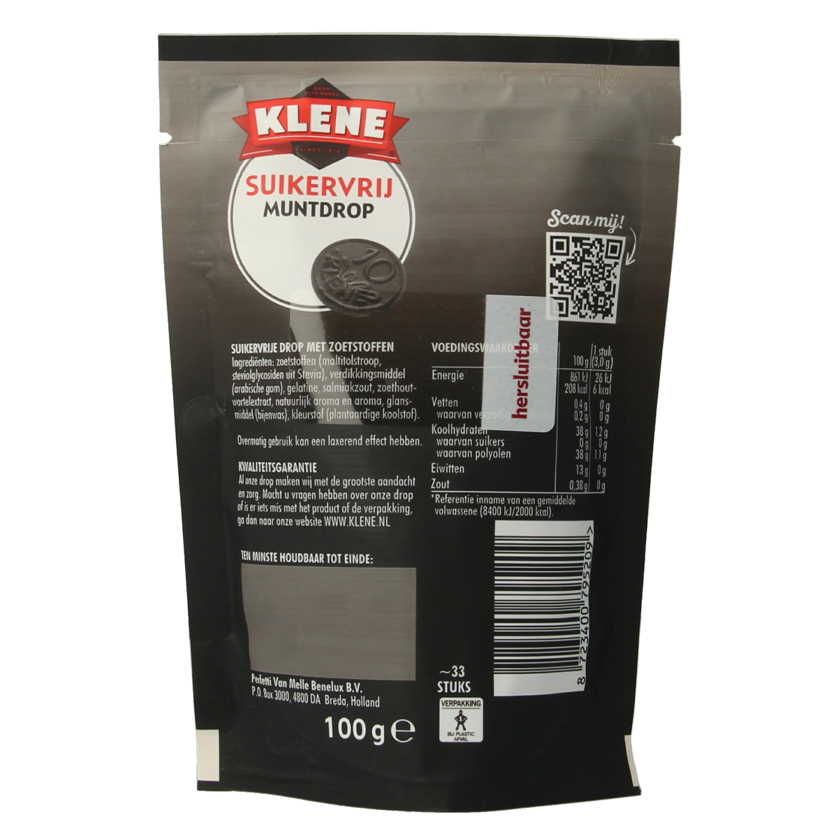 Klene Muntdrop suikervrij, 100g, sugar-free candy with colorful, round mint drops in a clear container.