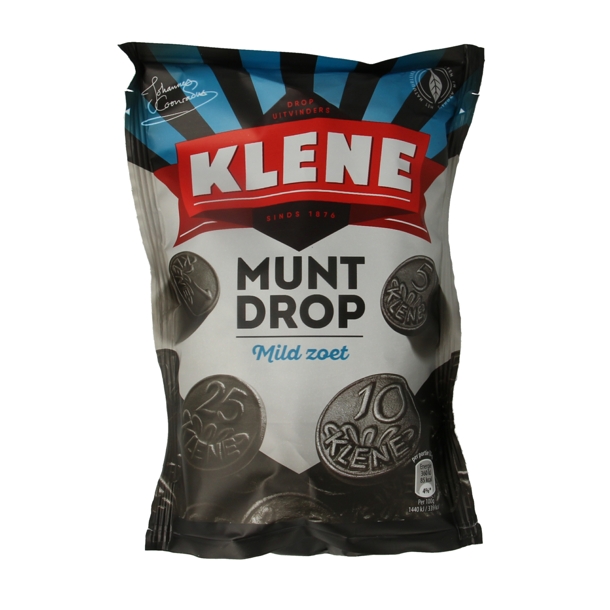Klene Muntdrop snoepgoed in 210g package, colorful mint candies with a shiny coated exterior, bright and appealing.