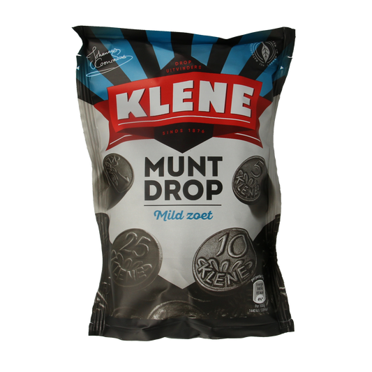 Klene Muntdrop snoepgoed in 210g package, colorful mint candies with a shiny coated exterior, bright and appealing.