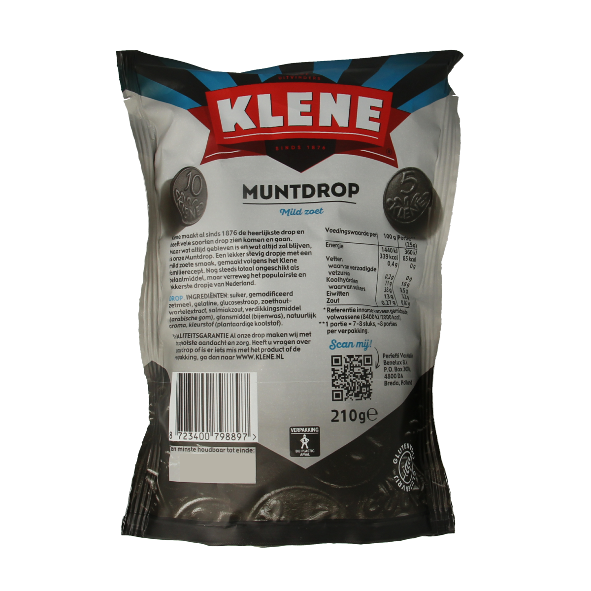 Klene Muntdrop candy in a 210-gram package, colorful and coated mint sweets from the Klene snoepgoed collection.