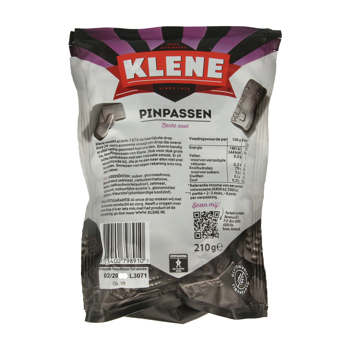 Klene Pinpassen snoepgoed in 210g bag with colorful, assorted candies and sweets, showcasing vibrant packaging and variety.