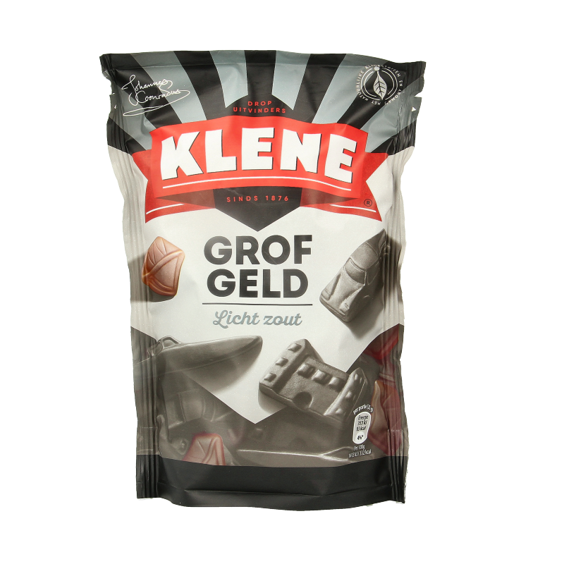 Klene Grof geld snoepgoed in 210 gram package, colorful and assorted candy with a textured appearance.