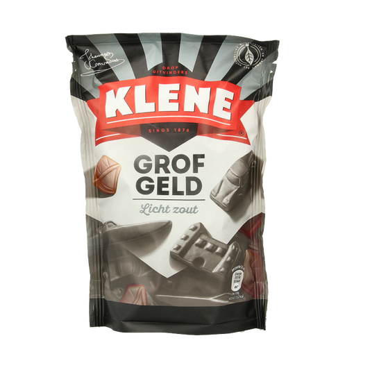 Klene Grof geld snoepgoed in 210 gram package, colorful and assorted candy with a textured appearance.