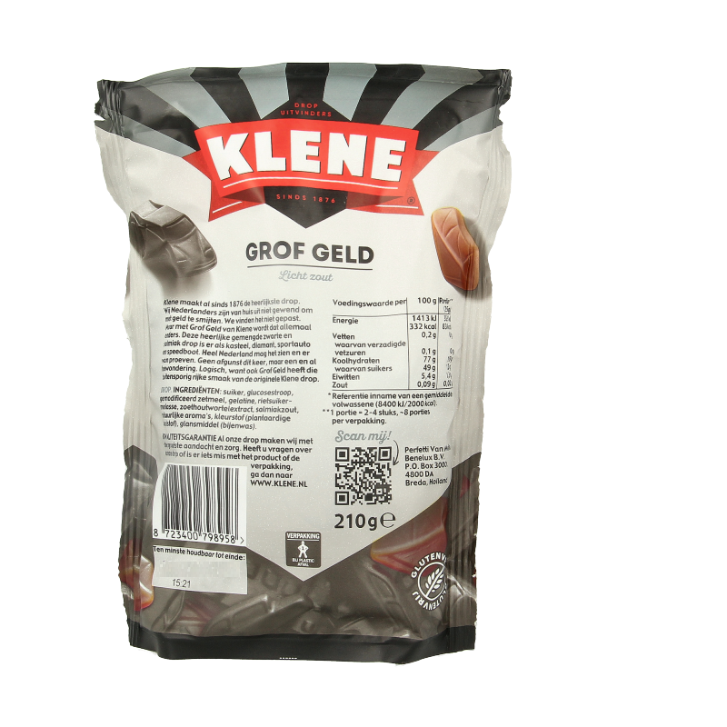Klene Grof Geld snoepgoed, 210 gram, colorful gummy candies with playful money shape and fruity flavors.