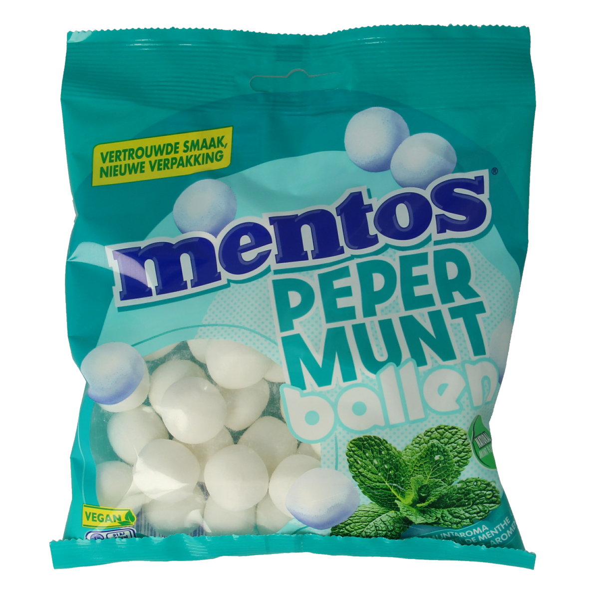 Mentos Pepermuntballen snoepgoed in 220g bag, with colorful mint-flavored candies in a clear plastic container.