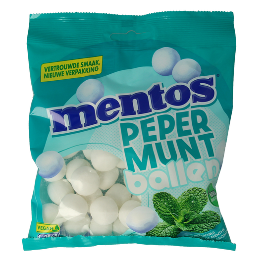 Mentos Pepermuntballen snoepgoed in 220g bag, with colorful mint-flavored candies in a clear plastic container.