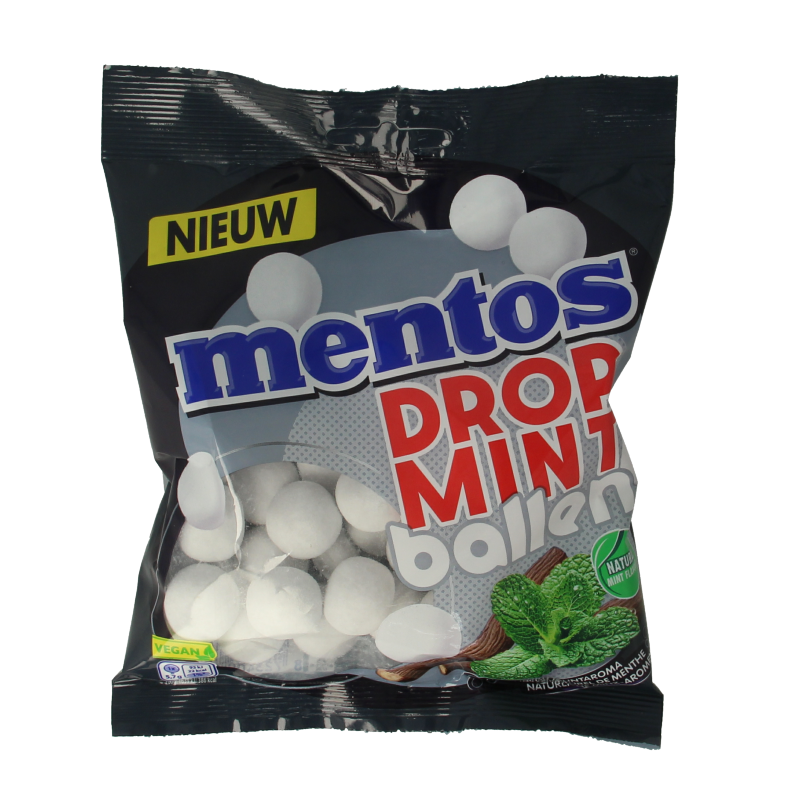 Mentos Dropmint ballen in een transparante verpakking, zachte mint-snoepgoed met frisse smaak, 220 gram.