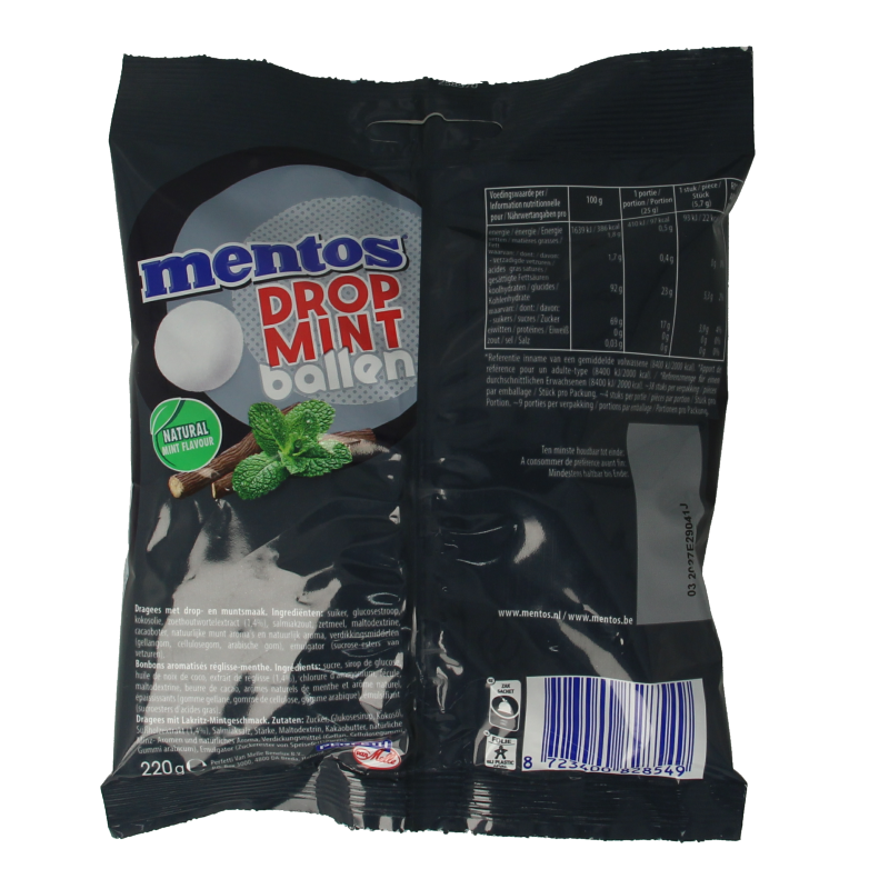 Mentos Dropmint ballen snoepgoed in 220 gram package, featuring round mint-flavored candies with a smooth coating.