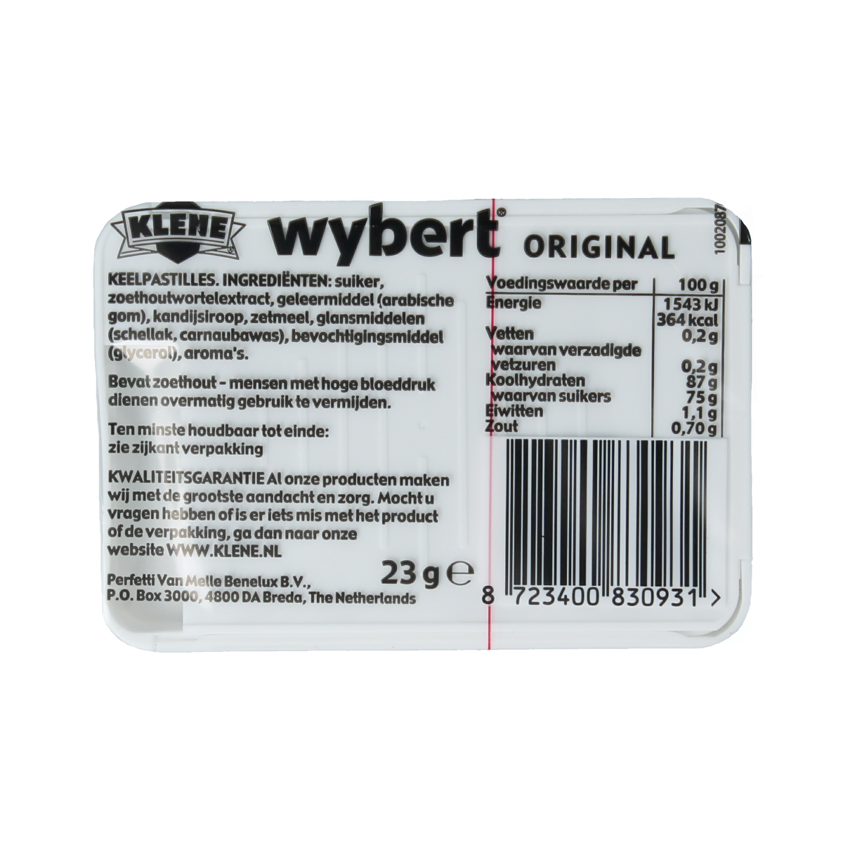 Wybert Original 23g snoepgoed with colorful candies in clear packaging, showcasing the classic Wybert brand candy.