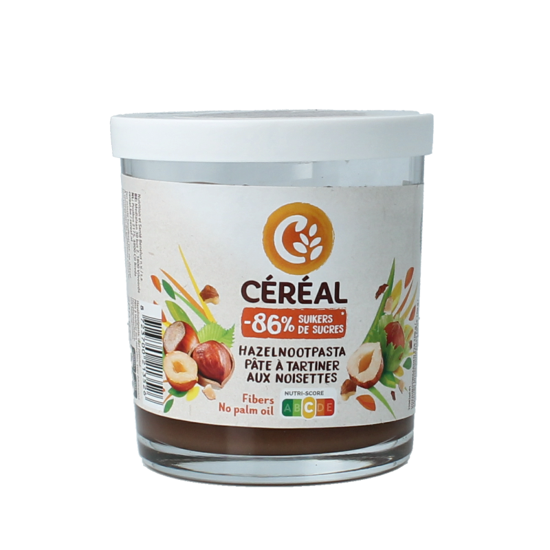 Cereal hazelnut spread suikervrij 200g, natural bread topping with hazelnuts and chocolate flavor, in a jar.