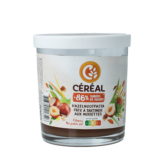 Cereal hazelnut spread suikervrij 200g, natural bread topping with hazelnuts and chocolate flavor, in a jar.