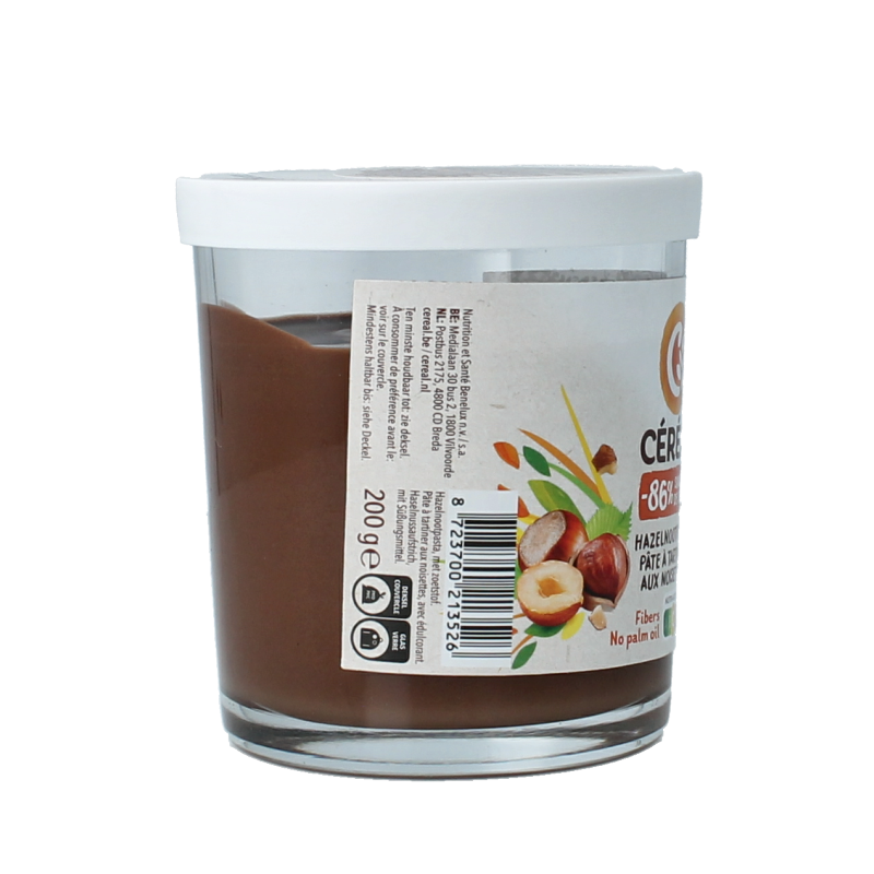 Cereal hazelnut spread suikervrij on bread, jar view, 200g, natural hazelnut and chocolate look, Cereal brand.