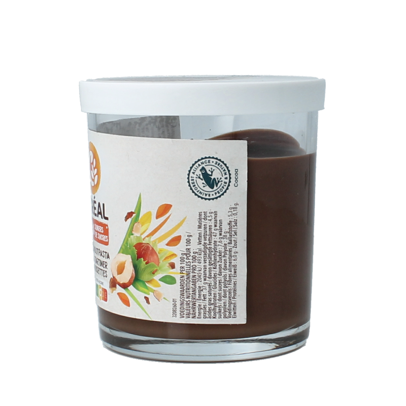 Cereal hazelnut spread suikervrij on bread, 200g jar, natural nut butter for breakfast, with hazelnuts and cocoa.