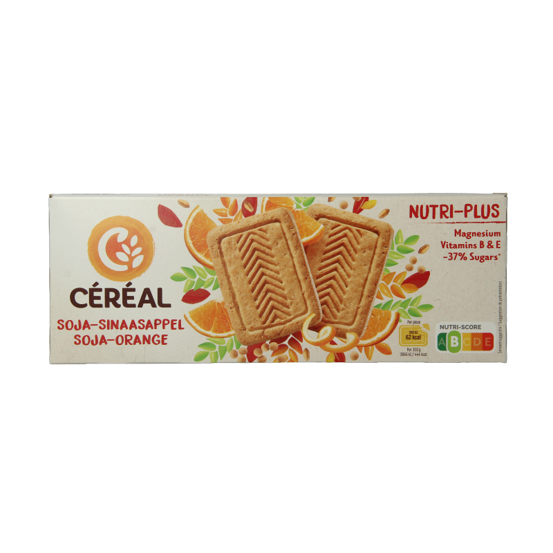 Cereal Koekjes soja en sinaasappel, 280 gram, close-up of crispy koekjes with orange and soy flavor packaging.