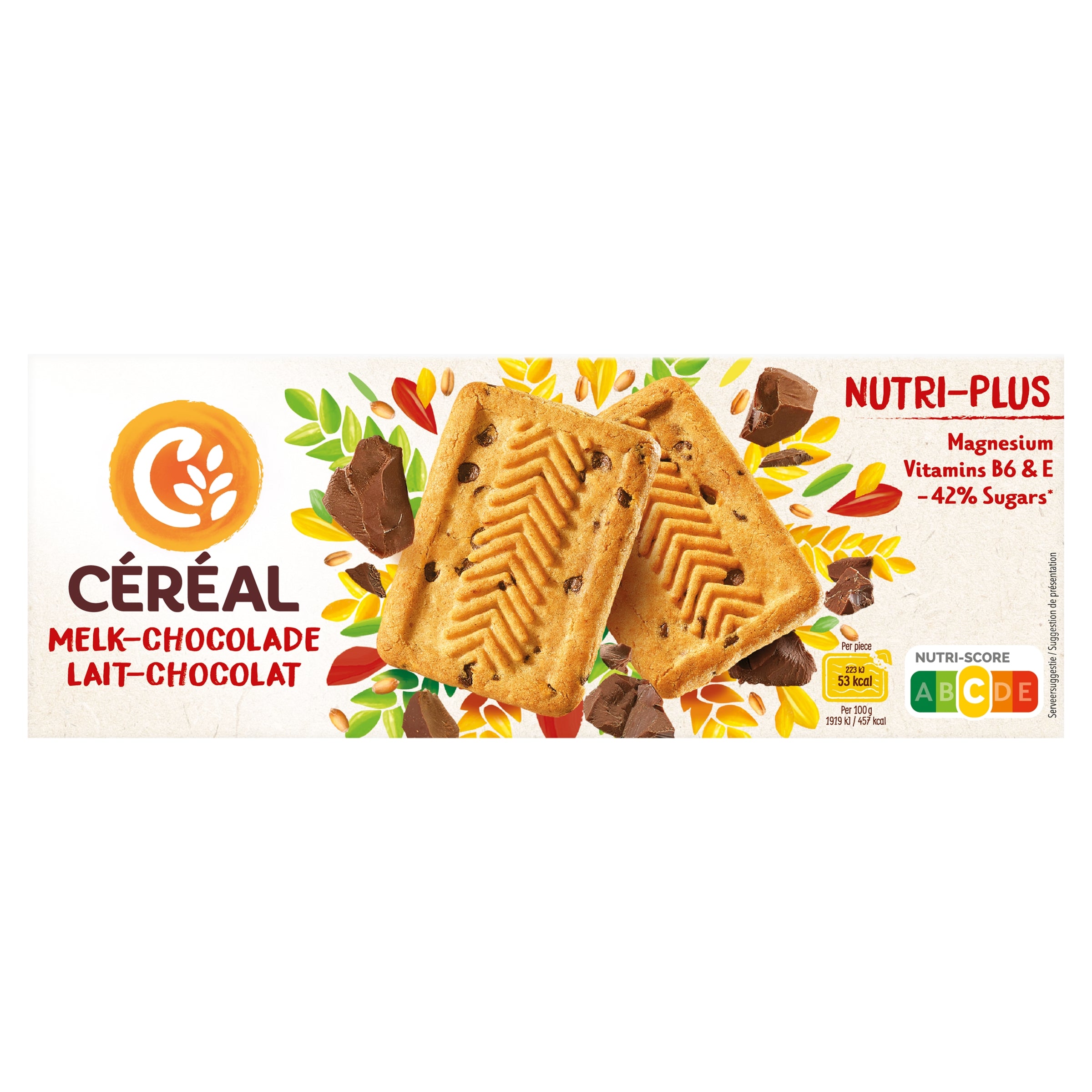 Cereal brand cereal koekjes with milk and chocolate flavor, 230g package, showing crunchy cookies with chocolate and milk filling
