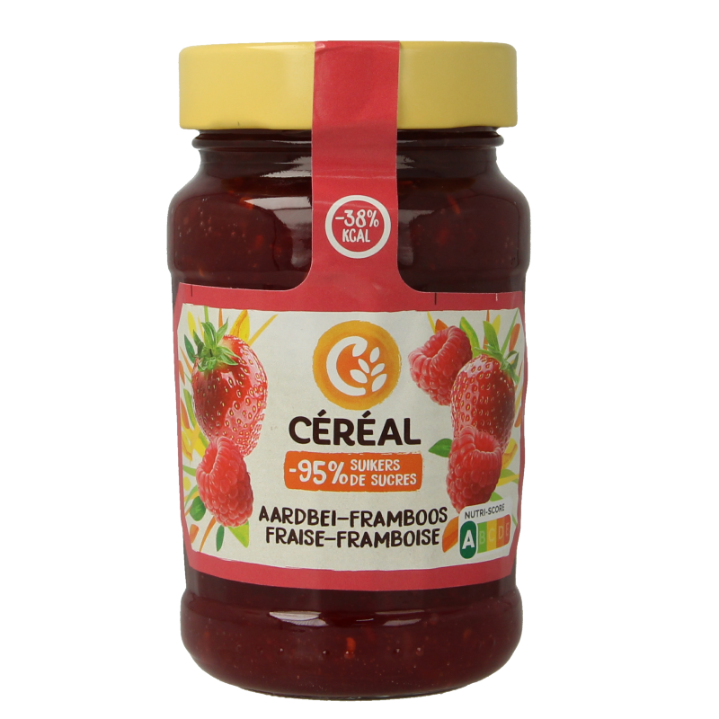 Cereal Fruit aardbei en framboos suikervrij broodbeleg in 270g jar, with visible slices of strawberry and raspberry fruit spread.