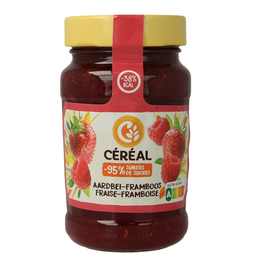 Cereal Fruit aardbei en framboos suikervrij broodbeleg in 270g jar, with visible slices of strawberry and raspberry fruit spread.
