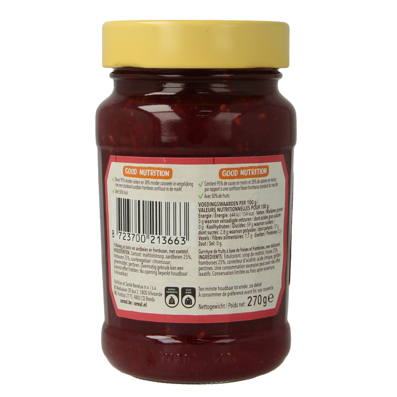 Cereal Fruit aardbei en framboos suikervrij broodbeleg in 270g jar, featuring fresh strawberries and raspberries for healthy breakfast spread.