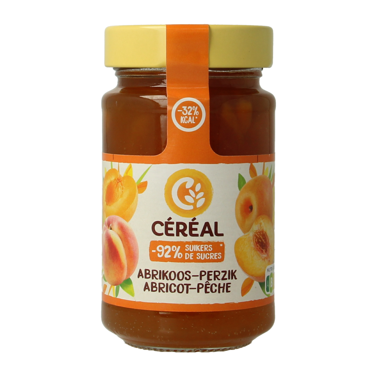 Cereal brand fruit spread with apricot and peach flavor on bread, 270 grams jar, smooth textured broodbeleg.
